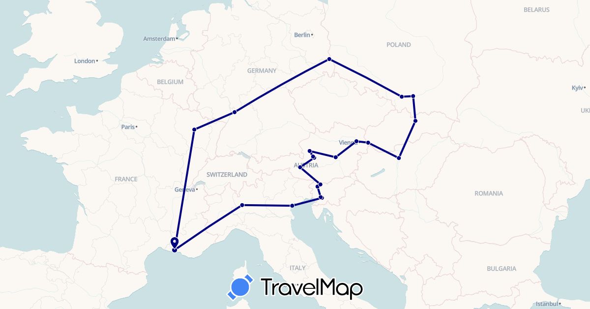 TravelMap itinerary: driving in Austria, Germany, France, Hungary, Italy, Poland, Slovenia, Slovakia (Europe)
